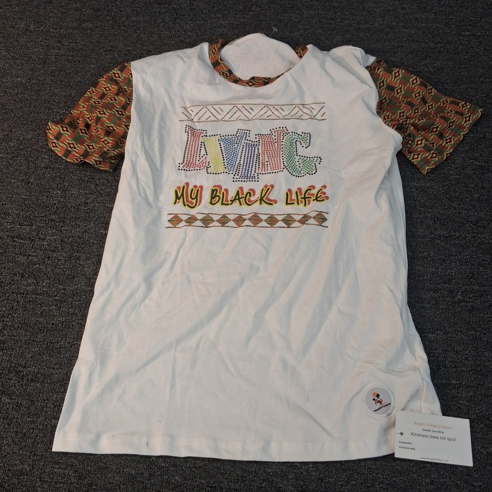 RuvaAfricWear T-Shirt Small Living My Black Life White African Print NEW
